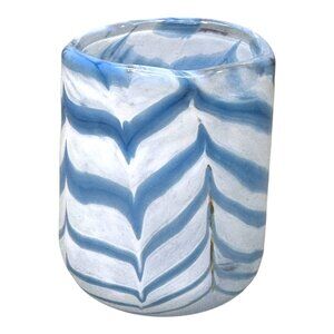 Vtg Pulled Feather Hand Blown Blue White Chevron Glass Vase Signed Koerner 1989